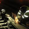 SFMTA staff completes track work on Van Ness Station, carrying out welding repairs.