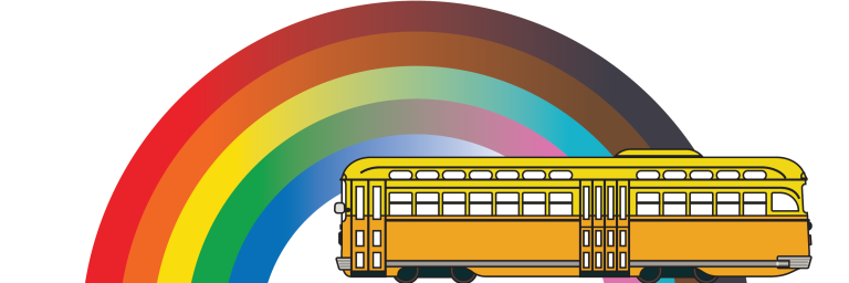 Historic streetcar with an updated version of a rainbow including more colors