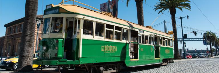 Vintage Melbourne Streetcar running on the embarcadero 