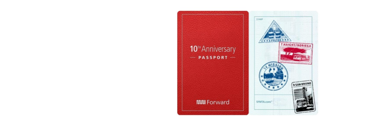 Image with "10th Anniversary Passport: Muni Forward" already stamped with 5 Fulton, 7 Haight/Noriega, 14 Mission and 9 San Bruno