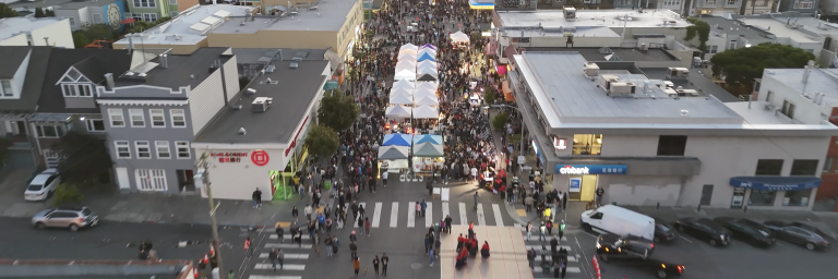 Drone shot of large street fair