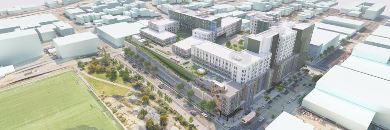 Architectural rendering of an aerial view of the Potrero Yard Modernization Project from the northwest of the bus facility and proposed housing (Arcadis IBI Group)