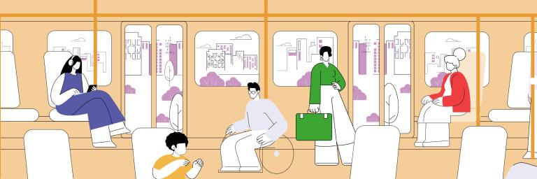 Passengers ride both seated and standing inside a metro train with a view of a modern city out the windows.