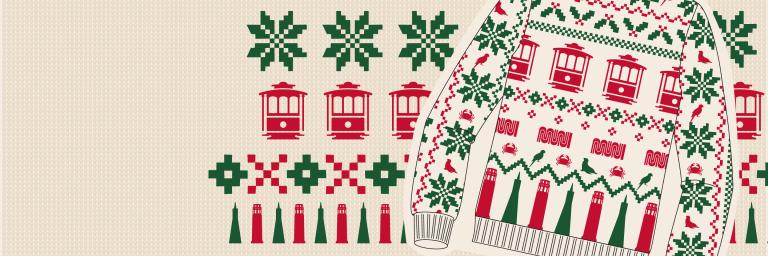 Icons of San Francisco holiday sweater and other holiday-themed images such as cable cars