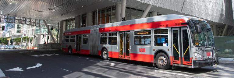 Muni bus under Salesforce Transit Center