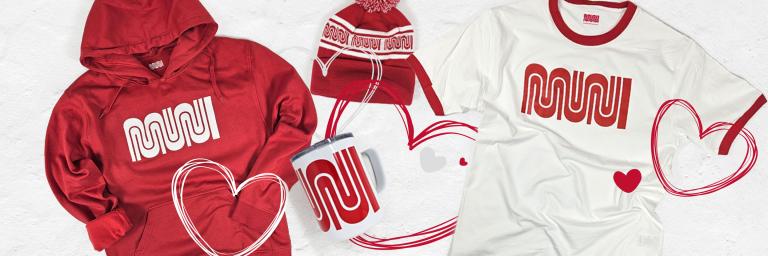 Red merchandise from themunistore.com, including hoodie, mug, shirt and beanie. Hearts overlap 