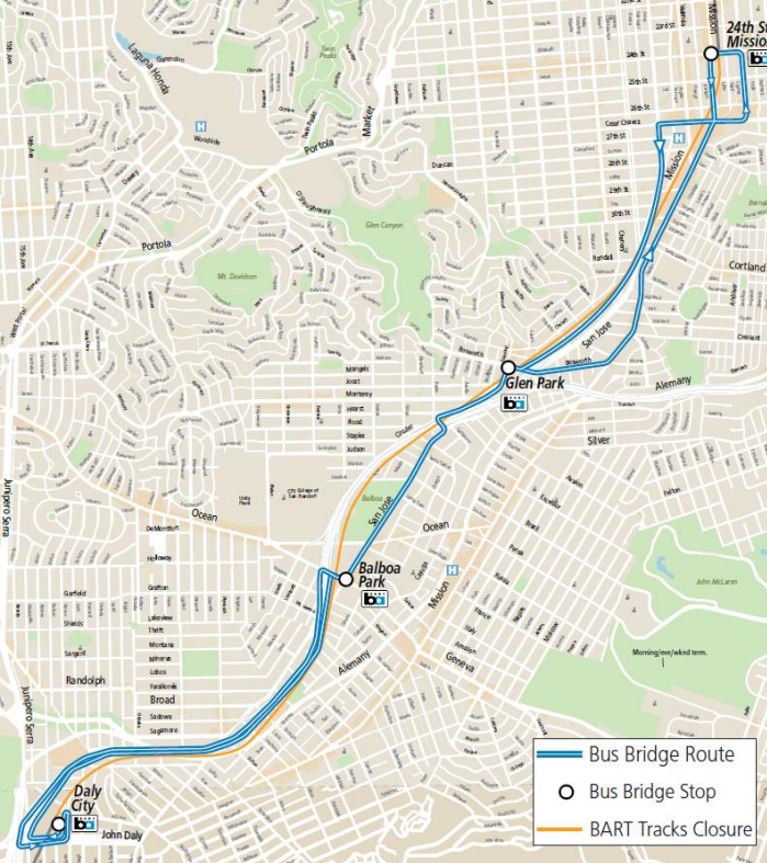 Map of Muni supplemental BART bus shuttle service between Daly City and 24th St./Mission stations.