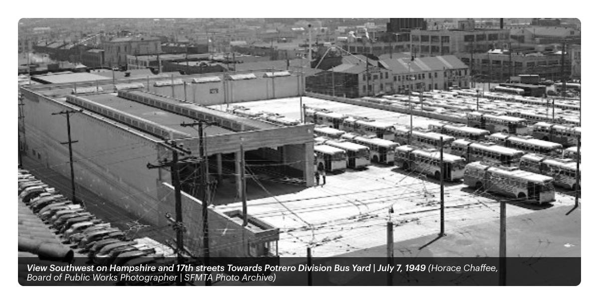 photograph showing a transit facility in 1949 filled with trolley buses 