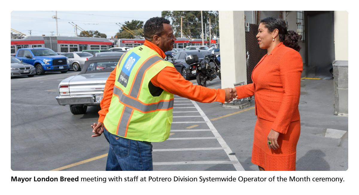 Mayor London Breed meeting with staff at Potrero Division Systemwide Operator of the Month ceremony. October 2022.