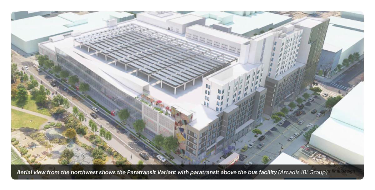 rendering showing a large mutli-use urban building covering an entire city block with solar panels across w wide expanse of roof area,  housing units are along the right side street facing front and climbs over 10 stories