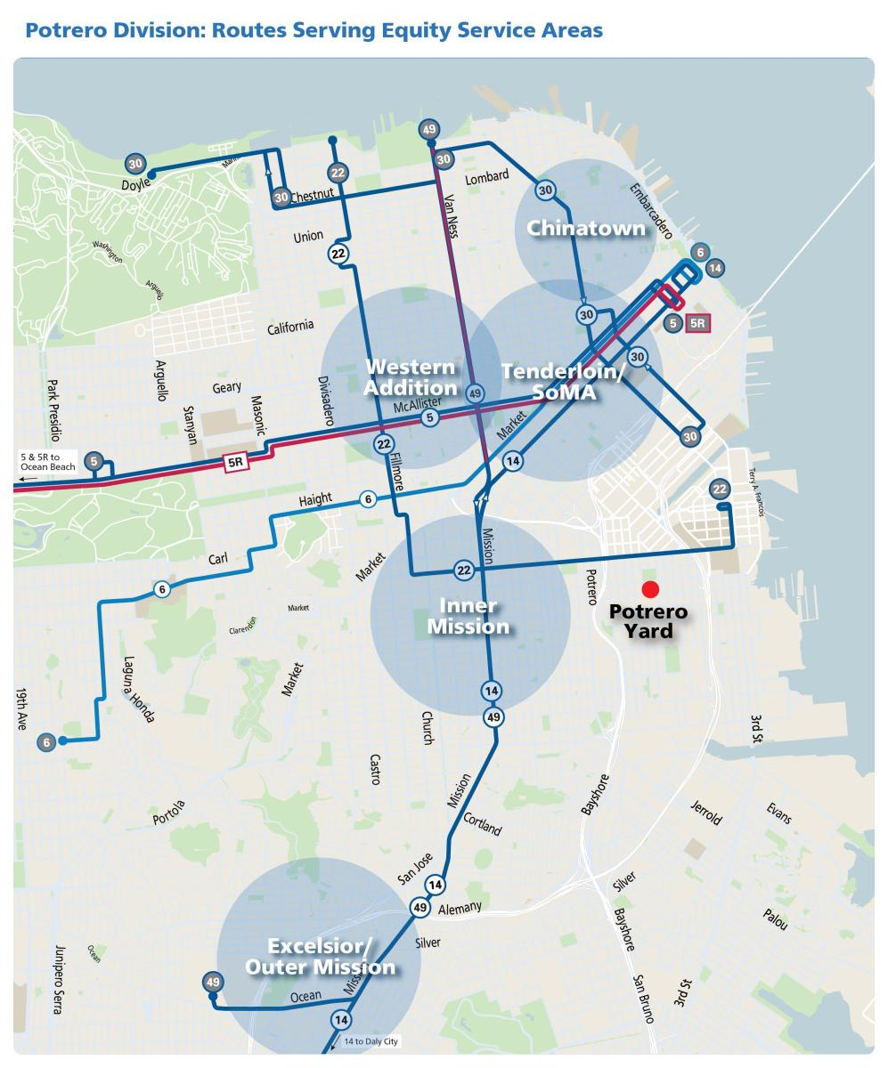 illustration showing how lines from Potrero Division serve several equity service areas in san Francisco