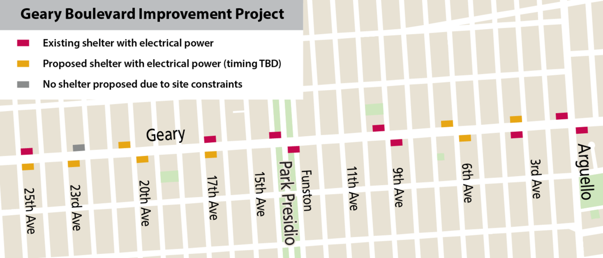 Map of proposed bus shelter changes on Geary Blvd.
