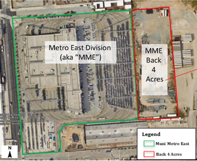 Overhead map view of the Muni Metro East Yard outlined by a green border with the words "Metro East Division AKA MME burned on top, adjacent to the back storage lot surrounded by a red border with the words MME Back f