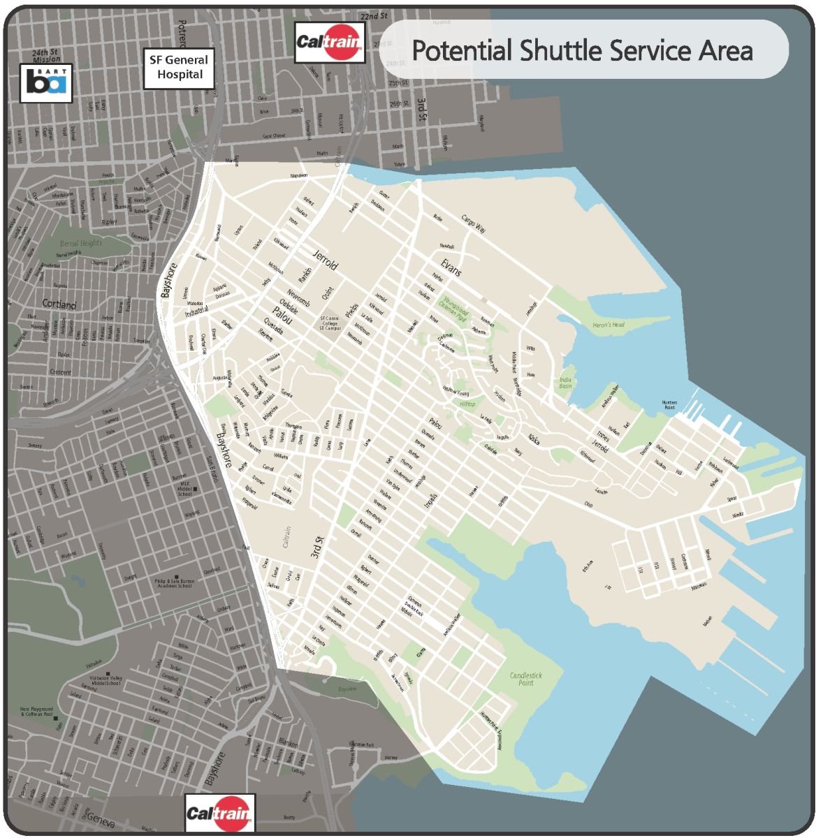 Map showing a potential service area for the new Bayview Shuttle. 