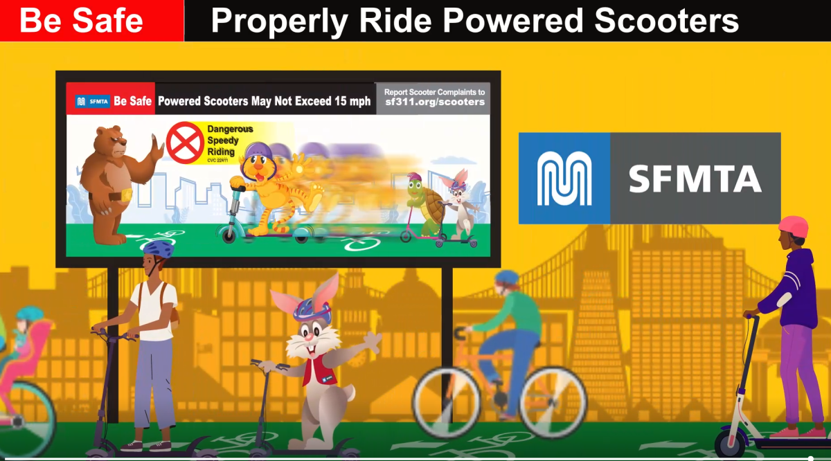 Infographic that says: "Be safe: Properly Ride Powered Scooters." We see people and animals riding scooters on grass against a city skyline.