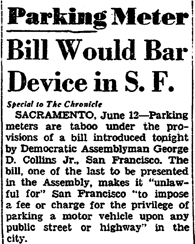 SF Chronicle newspaper clipping from 1939 with the headline "Parking Meter Bill Would Bar Device in S.F."