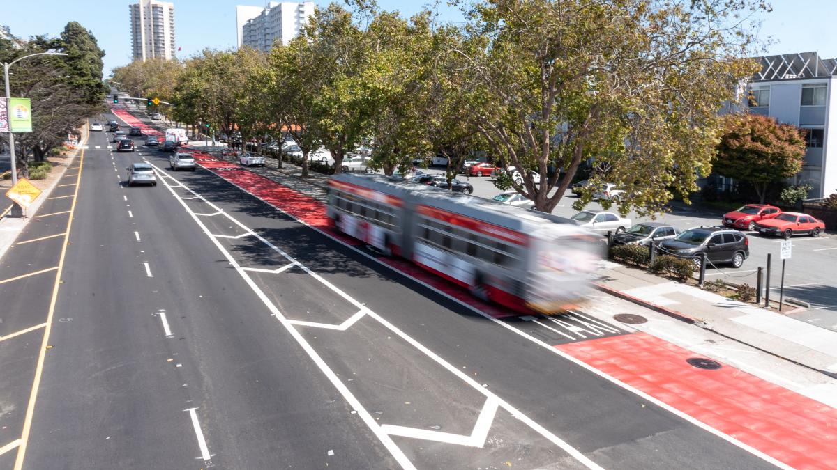 A 38 Geary bus uses a red transit-only lane near Japantown.