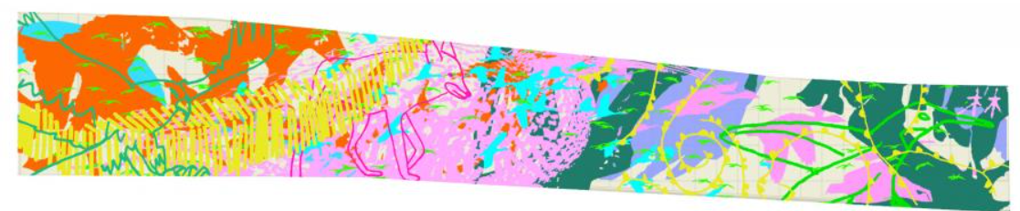 Art proposal for the Potrero Yard bus ramp. Image includes several bright colors and the outlines of animals.