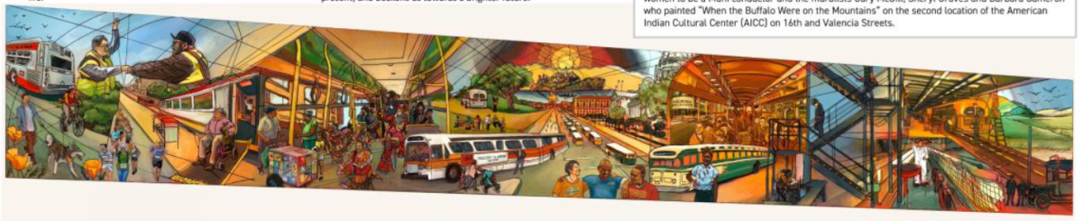 Proposed artwork for the Potrero Yard bus ramp. Image features buses, trains and people.