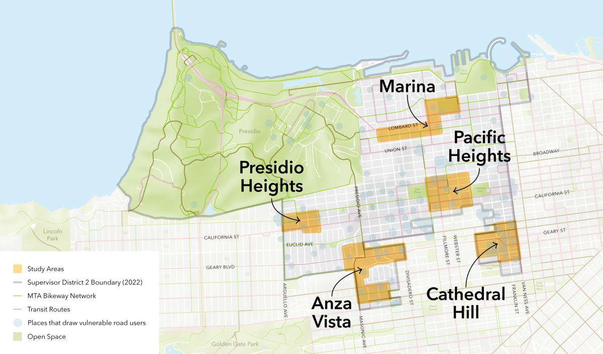 This image is a map of San Francisco's  District 2. The map highlights the project's five study areas, including Anza Vista, Presidio Heights, Pacific Heights, Marina and Cathedral Hill. 