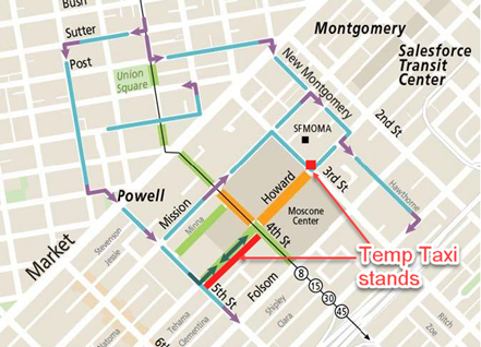 Road closure map and temp taxi stands for Dreamforce 24 - daytime