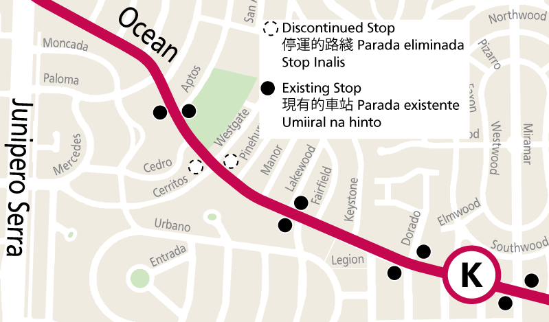 Map shows the K Ingleside line on Ocean Avenue. The stops at Ocean Ave & Westgate Drive and at Ocean Ave & Cerritos Ave are discontinued. Other stops remain at locations like Ocean Avenue at Aptos Ave, Miramar Ave, Victoria Ave, and Jules Ave.