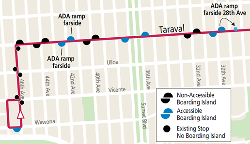 Map showing stop locations for the L Taraval LRV from Wawona & 46th to Taraval & 28th