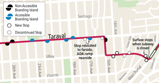 Map showing stop locations for the L Taraval LRV from Taraval & 28th to West Portal Station