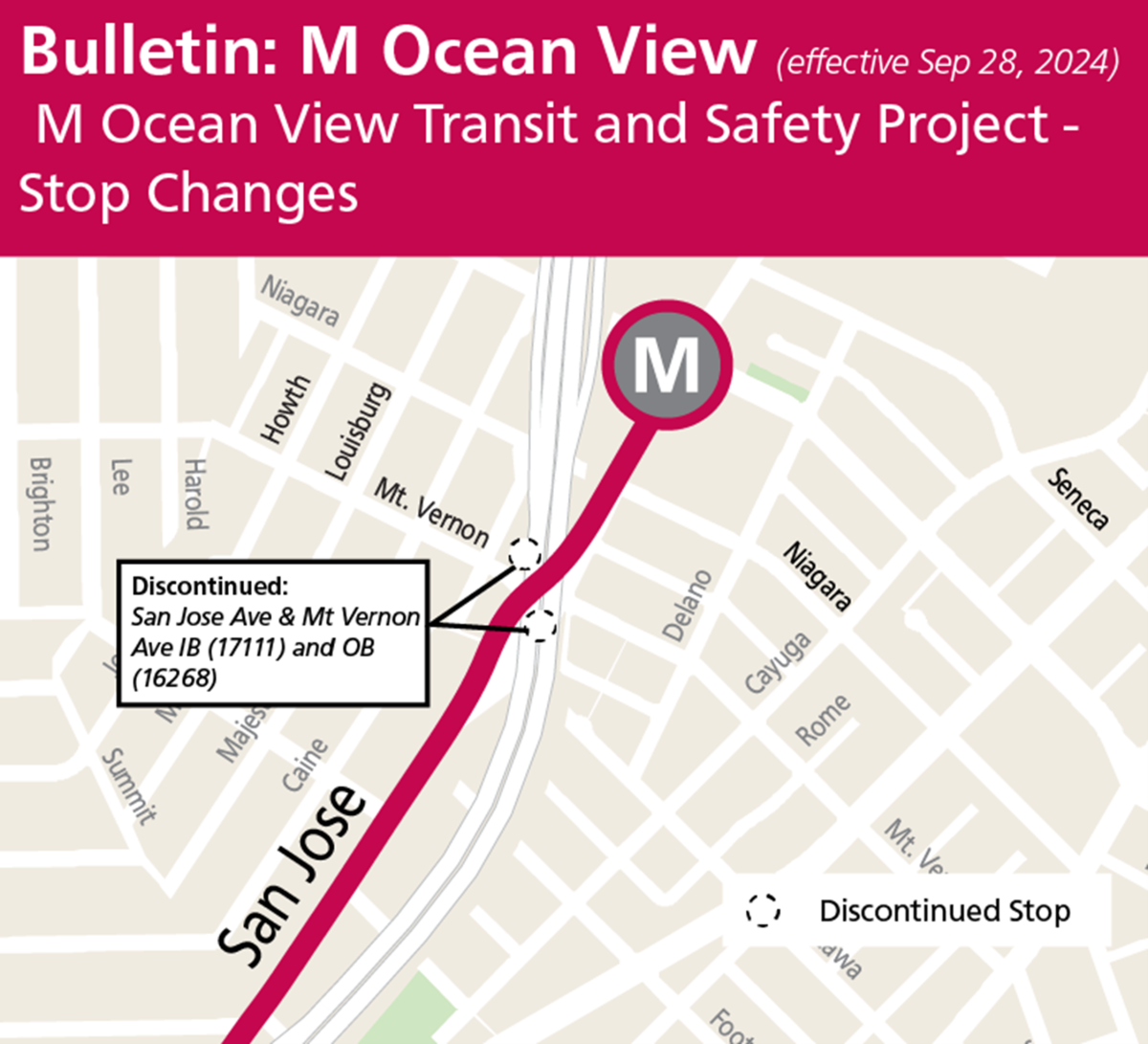 Map showing the permanently removed M Ocean View stops at San Jose Ave & Mt. Vernon Ave