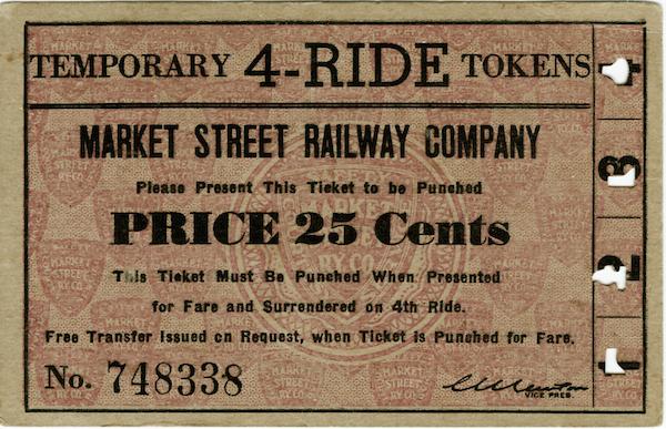 Image of a temporary paper token from Market Street Railway, circa 1944. Font says "Market Street Railway" and "PRICE 25 Cents."