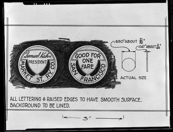 Black and white drawing. A design of Market Street Railway (MSR) tokens. One side features the signature of Samuel Kahn, president of MSR.