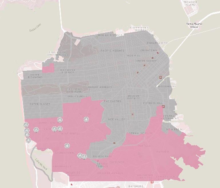 A map of San Francisco showing bikeshare discount zone areas in outer areas, covering neighborhoods ranging from the Outer Richmond and Parkside to Portola and the Bayview.