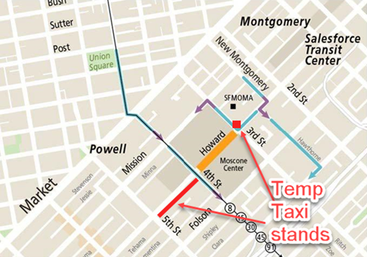 Road closure with temp taxi stand for DreamForce 24- night time