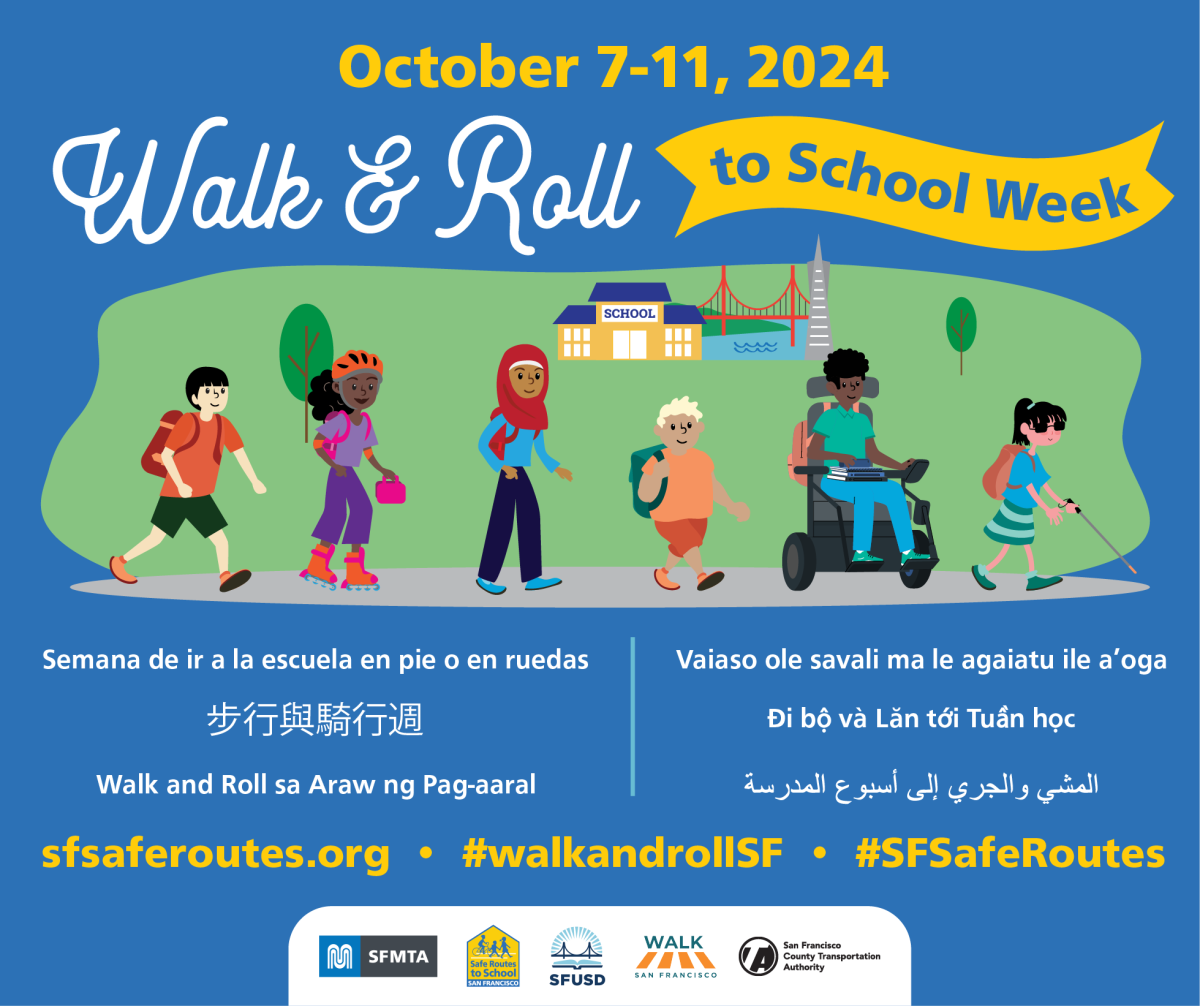 Infographic sharing that Walk and Roll to School week runs Oct. 7 to 11. Info is also translated into several other languages. Graphic includes the website and two hashtags.