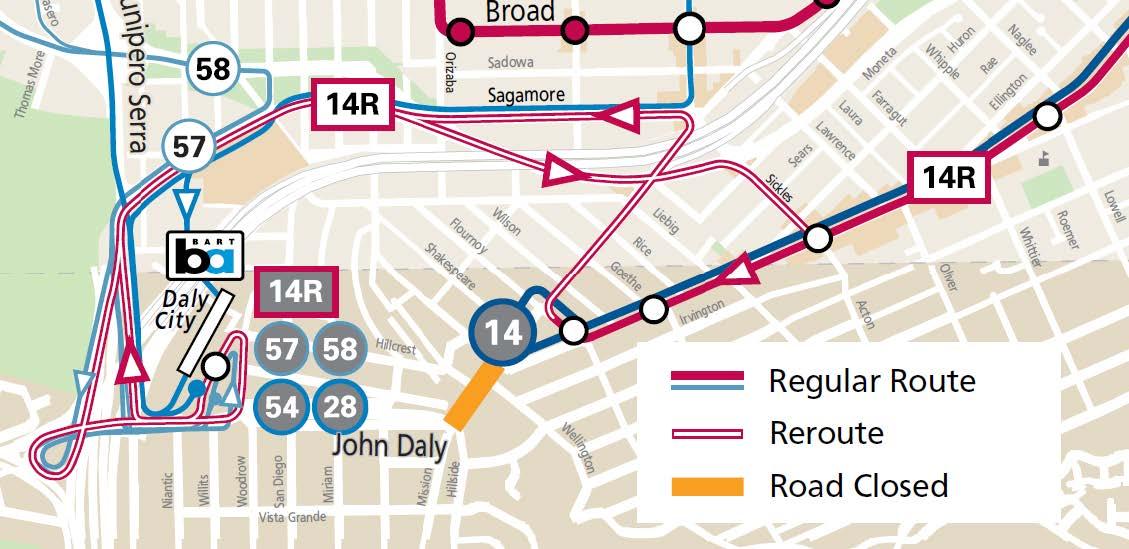 Map showing the reroutes of Muni's 14R Mission Rapid & 58 Lake Merced routes during the Daly City Street Festival