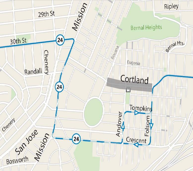 Map showing the Cortland Ave. street closures and associated reroute of the inbound & outbound 24 Divisadero Route during the 2024 Cortland Halloween event.