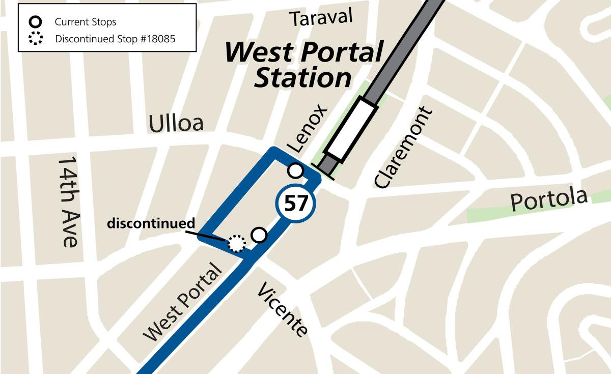 Map of stop removal at Vicente & West Portal for the inbound 57 Parkmerced, effective October 19, 2024