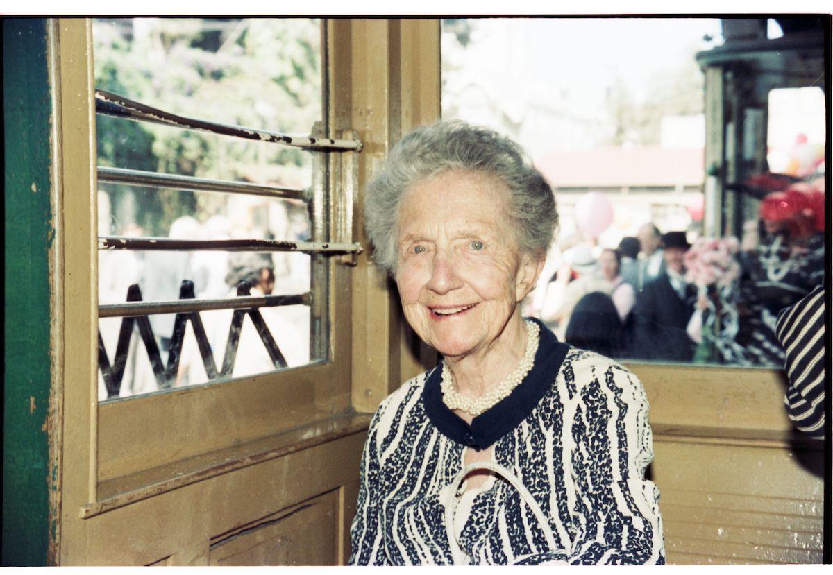 A photograph taken in 1982 of Friedel Klussmann on a Muni cable car.