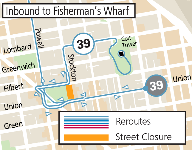 Map of Inbound 39 Coit reroute around the street closure of Stockton between Filbert and Union