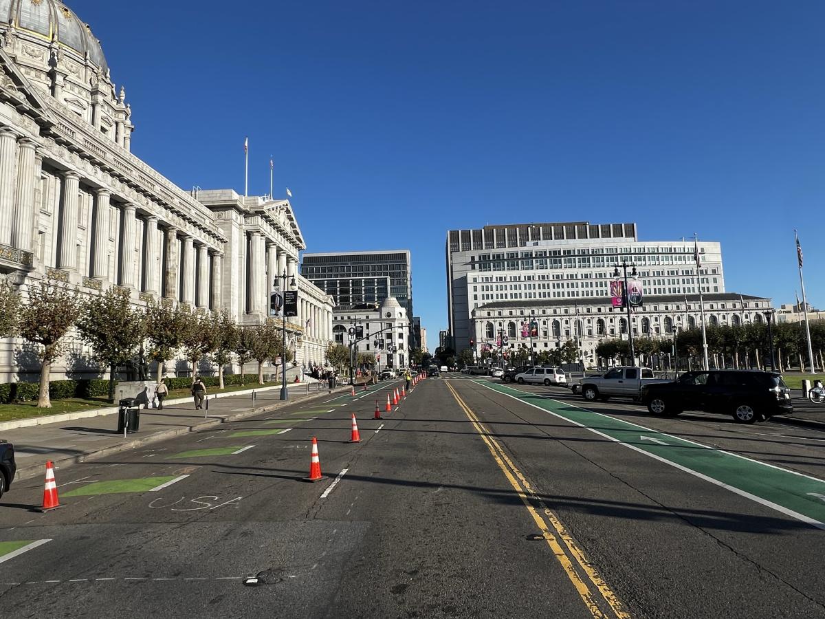 Image of construction cones in front of San Francisco City Hall