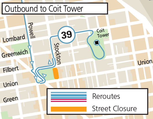 Map of Outbound 39 Coit reroute around the street closure of Stockton between Filbert and Union