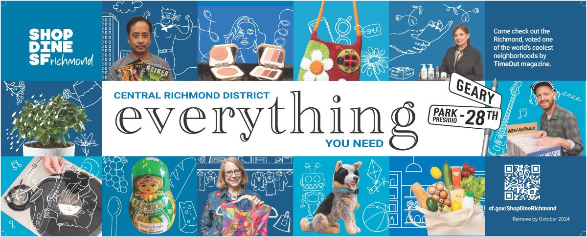 Image of a Geary bus ad promoting the Central Richmond. Ad has a blue background and includes images of merchandise from local stores and people presenting merchandise.