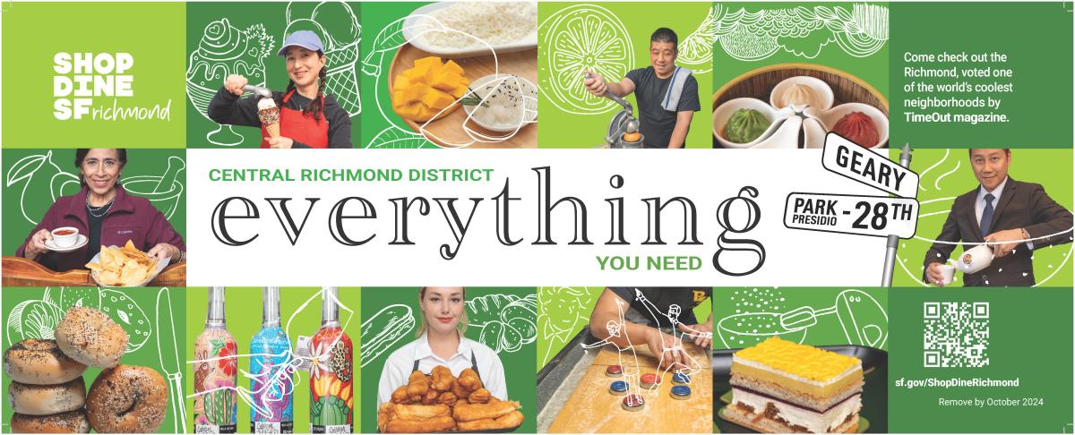 Bus ad promoting the central Richmond. It has a green background and includes square images that features close-ups of food and people serving food.
