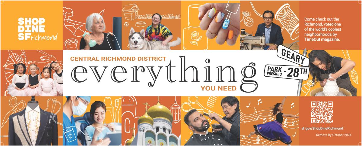 Image of a Geary bus ad promoting the Central Richmond. It has an orange background and promotes services offered by local businesses, including dance and hair styling. Slogan reads: "Everything You Need."