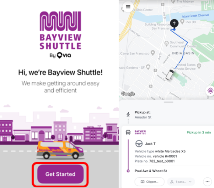 In-app images for the Bayview Shuttle app showing how you get started and also a view of tracking your vehicle.