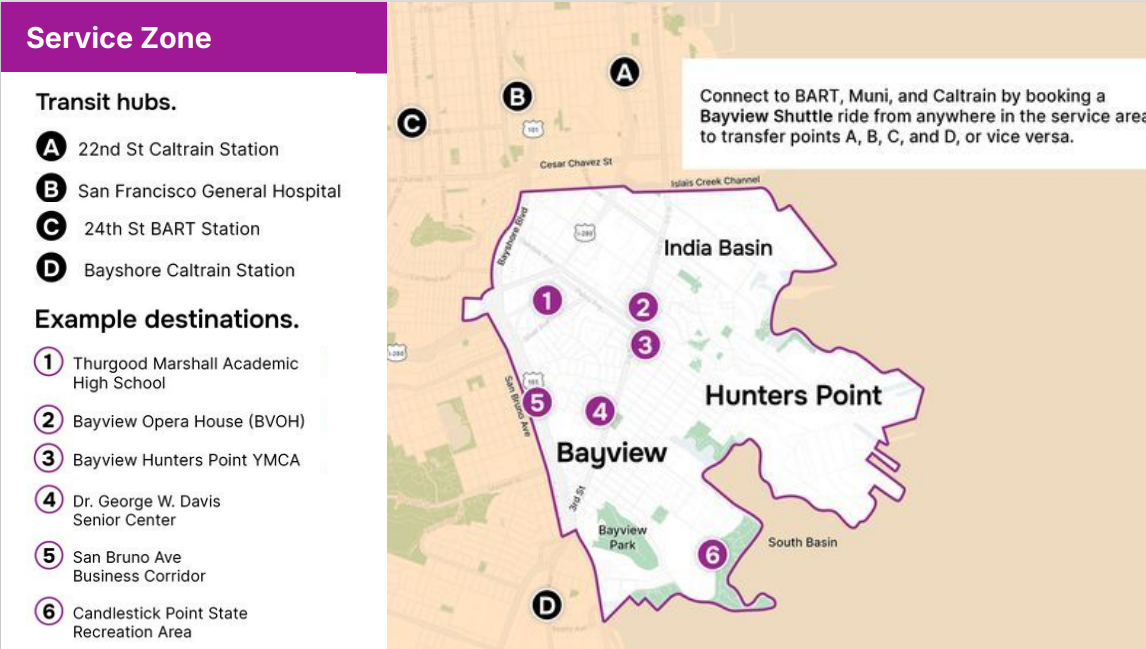 Map showing the service zone an external access points for the new Bayview Shuttle. The service area is bordered by Islais Creek to the north, Highway 101 to the west, and the Candlestick waterfront to the south. 