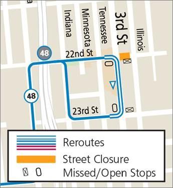 Map showing the 48 Quintara/24th Street reroute during the 2024 Dogpatch Winter Walk