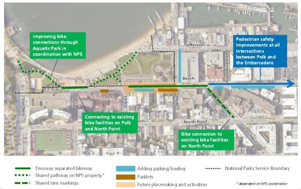 overview diagram of beach street quick-build project showing location of proposed bike lane, parking and loading changes, and pedestrian improvements