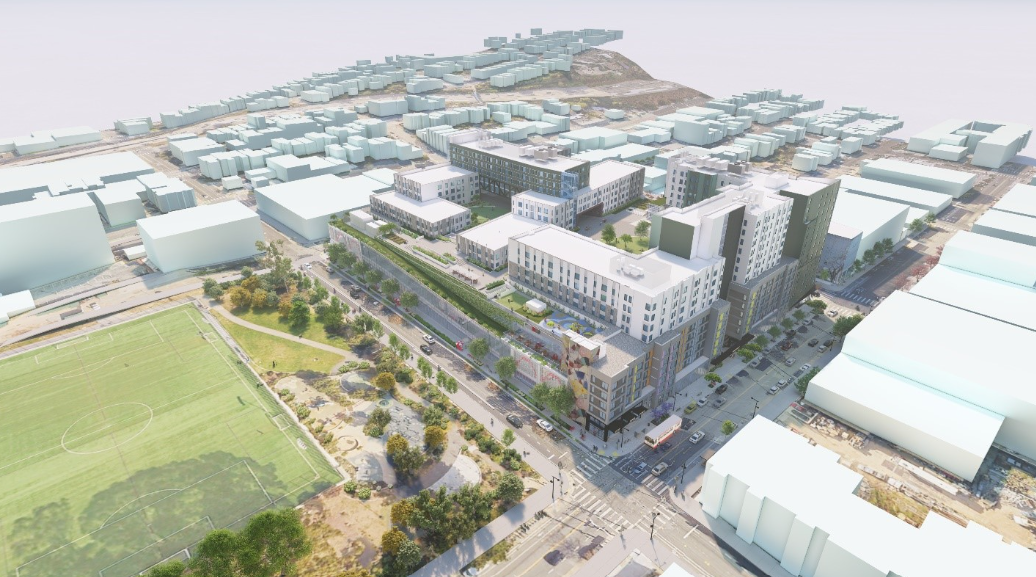 Rendering of the Potrero Yard Modernization Project. View of the southeast.