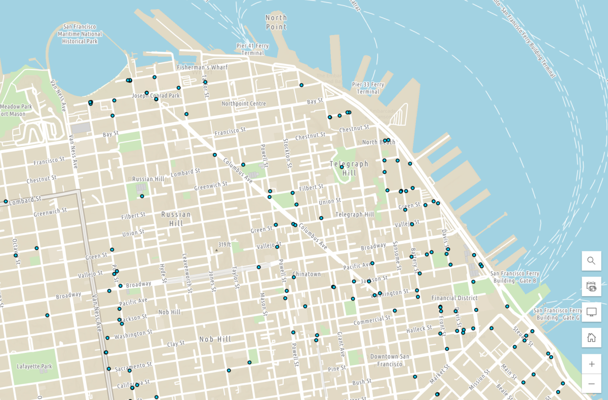 View of our accessible parking map showing blue zones in neighborhoods near the Embarcadero.